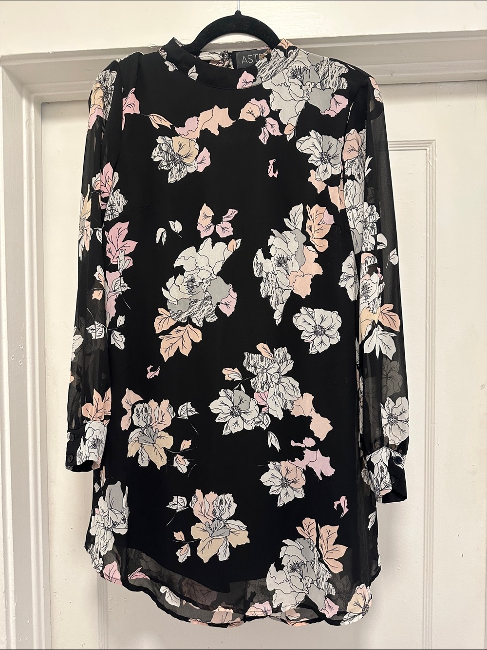 Astr Black Floral Chiffon Tunic with Blush & Cream Blooms